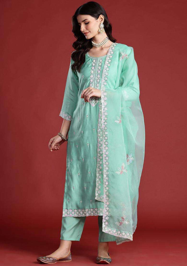 Sea Green Embroidered Silk Blend Kurta Set - Indya