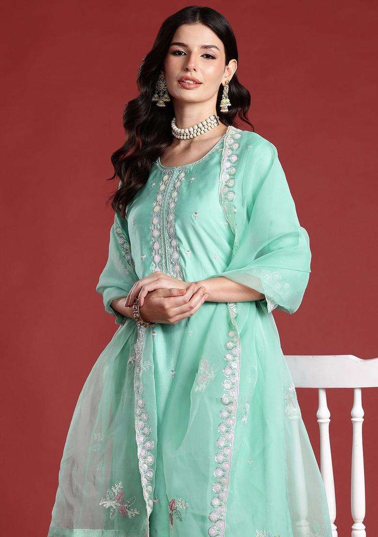 Sea Green Embroidered Silk Blend Kurta Set - Indya