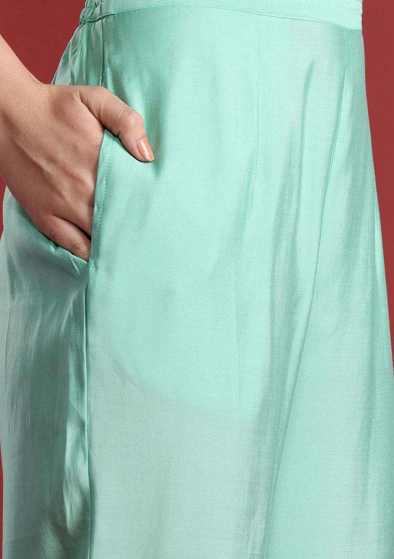 Sea Green Embroidered Silk Blend Kurta Set - Indya