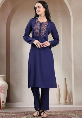 Navy Blue Embroidered Wool Blend Kurta Set