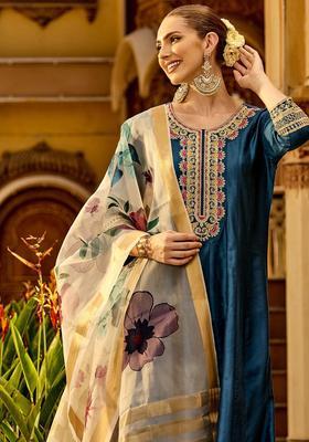 Navy Blue Embroidered Silk Kurta Set