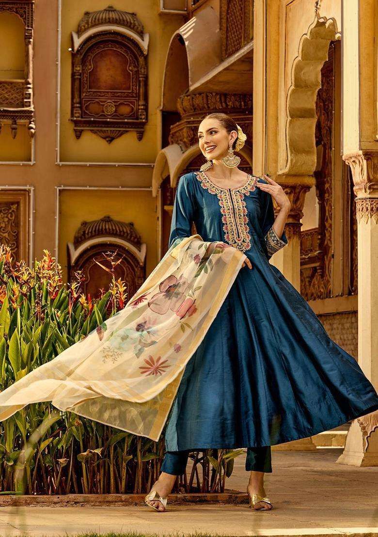 Navy Blue Embroidered Silk Kurta Set - Indya