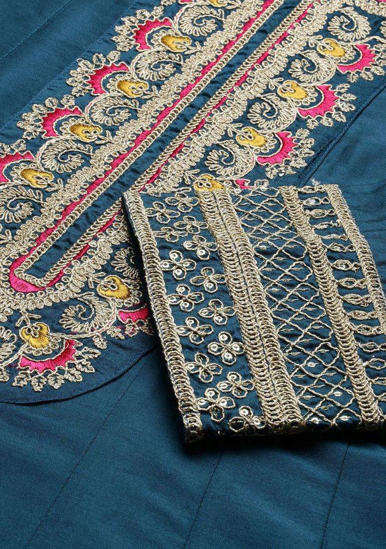 Navy Blue Embroidered Silk Kurta Set - Indya