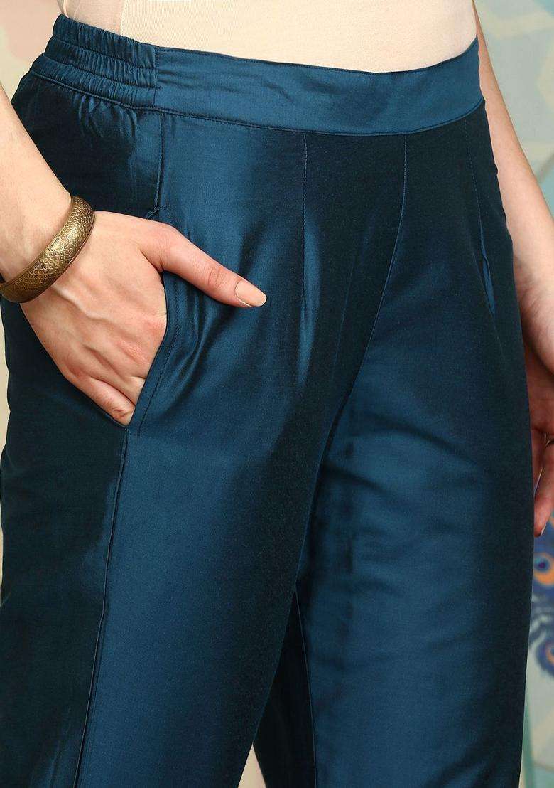 Navy Blue Embroidered Silk Kurta Set - Indya