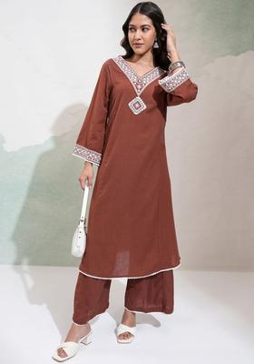 Brown Embroidered Viscose Kurta Set