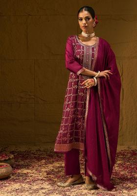 Maroon Embroidered Silk Kurta Set