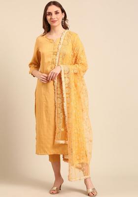 Yellow Solid Cotton Kurta Set