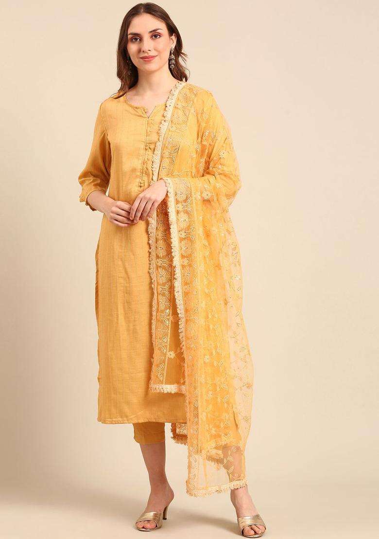 Yellow Solid Cotton Kurta Set - Indya