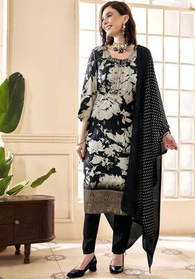 Black Printed Silk Blend Kurta Set