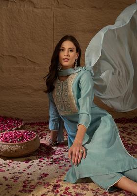 Grey Embroidered Silk Kurta Set