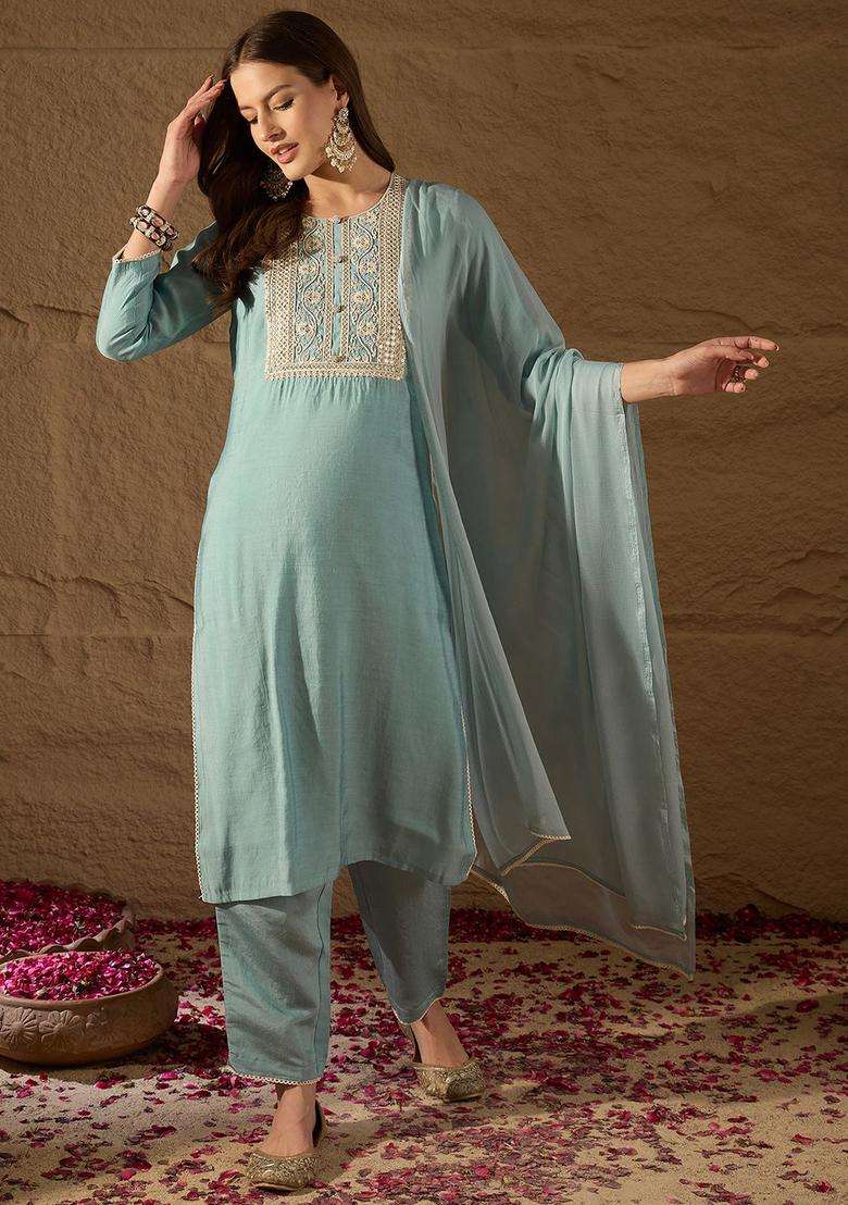 Grey Embroidered Silk Blend Kurta Set - Indya