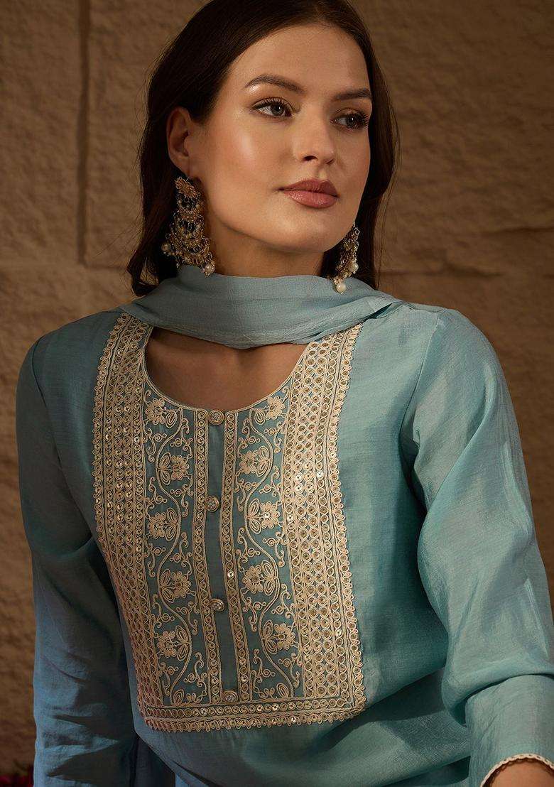Grey Embroidered Silk Blend Kurta Set - Indya