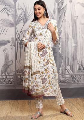 Off White Printed Cotton Kurta Set