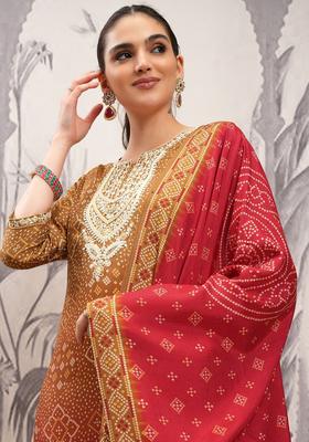 Brown Printed Cotton Kurta Set