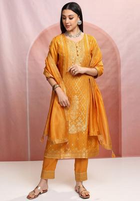 Mustard Embroidered Viscose Kurta Set