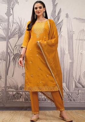 Mustard Embroidered Viscose Kurta Set
