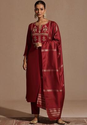 Maroon Embroidered Silk Kurta Set