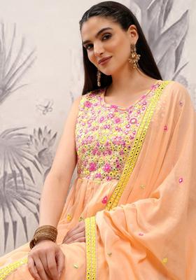 Orange Embroidered Cotton Kurta Set