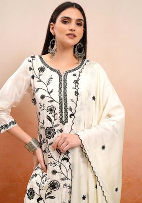 Off White Embroidered Viscose Kurta Set