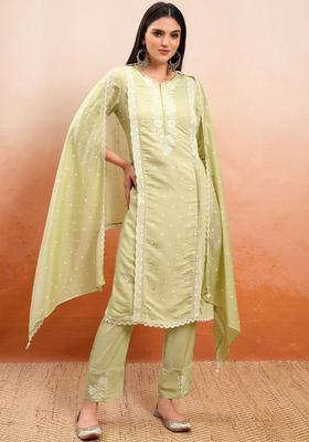 Beige Embroidered Cotton Kurta Set