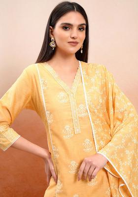 Orange Printed Cotton Kurta Set