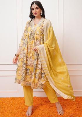 Yellow Printed Cotton Kurta Set