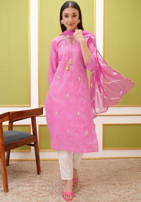Pink Solid Cotton Kurta Set