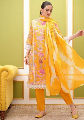 Yellow Printed Cotton Kurta Set