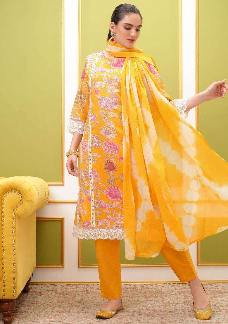Yellow Printed Cotton Kurta Set - Indya