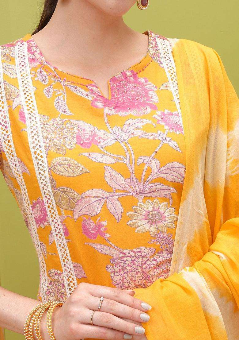 Yellow Printed Cotton Kurta Set - Indya