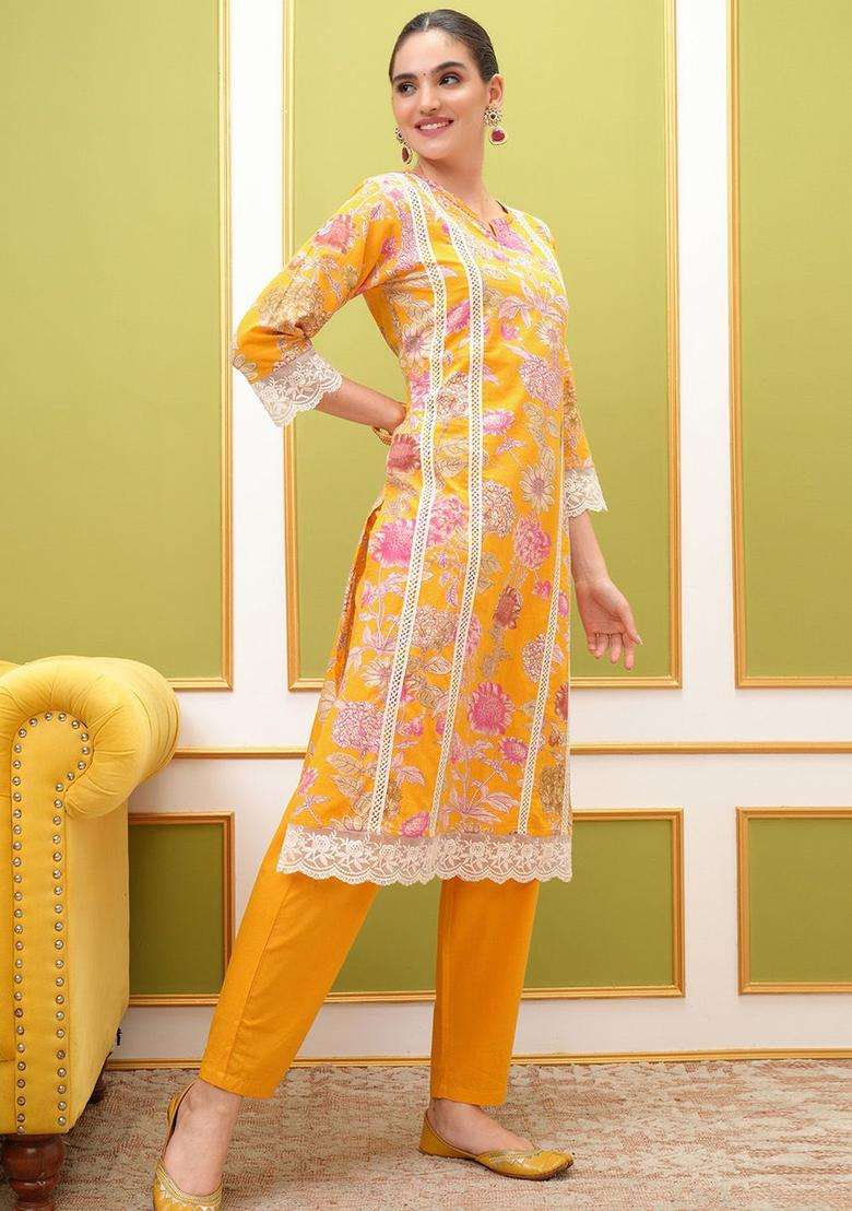 Yellow Printed Cotton Kurta Set - Indya