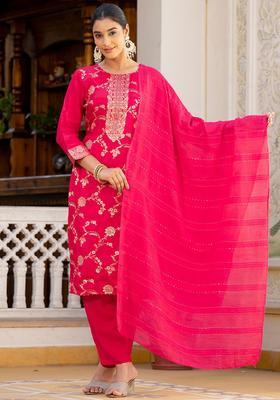 Fuchsia Woven Design Silk Blend Kurta Set