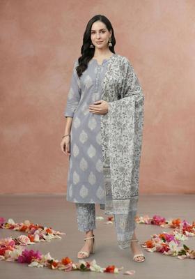 Grey Printed Cotton Kurta Set
