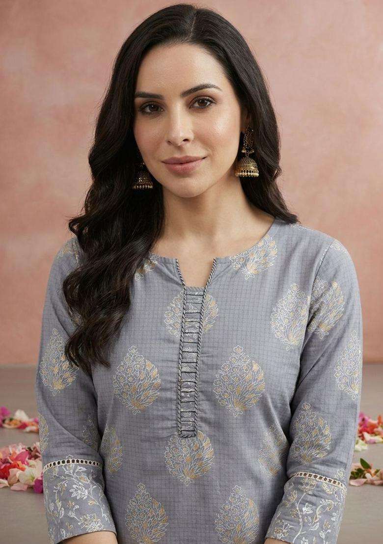Grey Printed Cotton Kurta Set - Indya