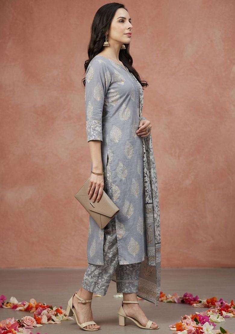 Grey Printed Cotton Kurta Set - Indya