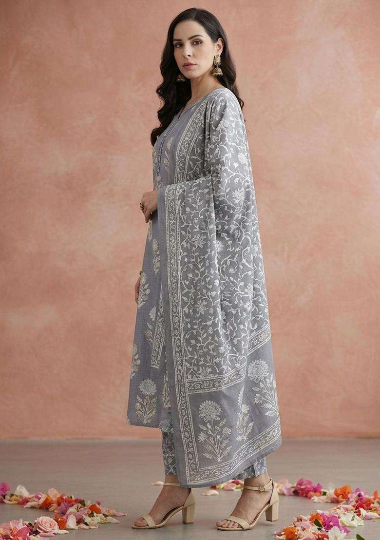Grey Printed Cotton Kurta Set - Indya