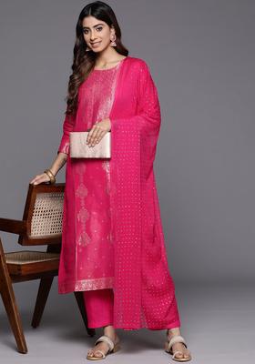 Pink Woven Design Silk Blend Kurta Set