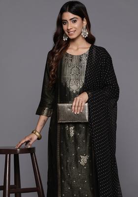 Black Woven Design Silk Blend Kurta Set