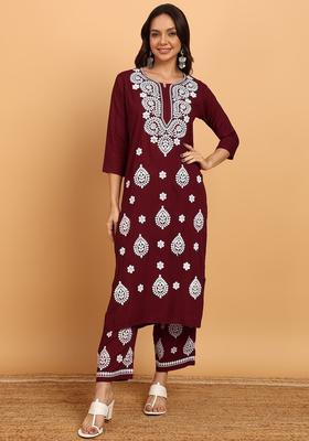 Maroon Embroidered Viscose Kurta Set