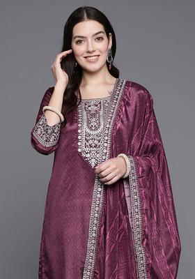 Maroon Embroidered Silk Kurta Set
