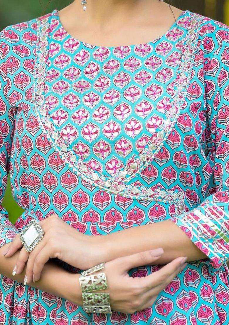 Blue Printed Cotton Anarkali Set - Indya