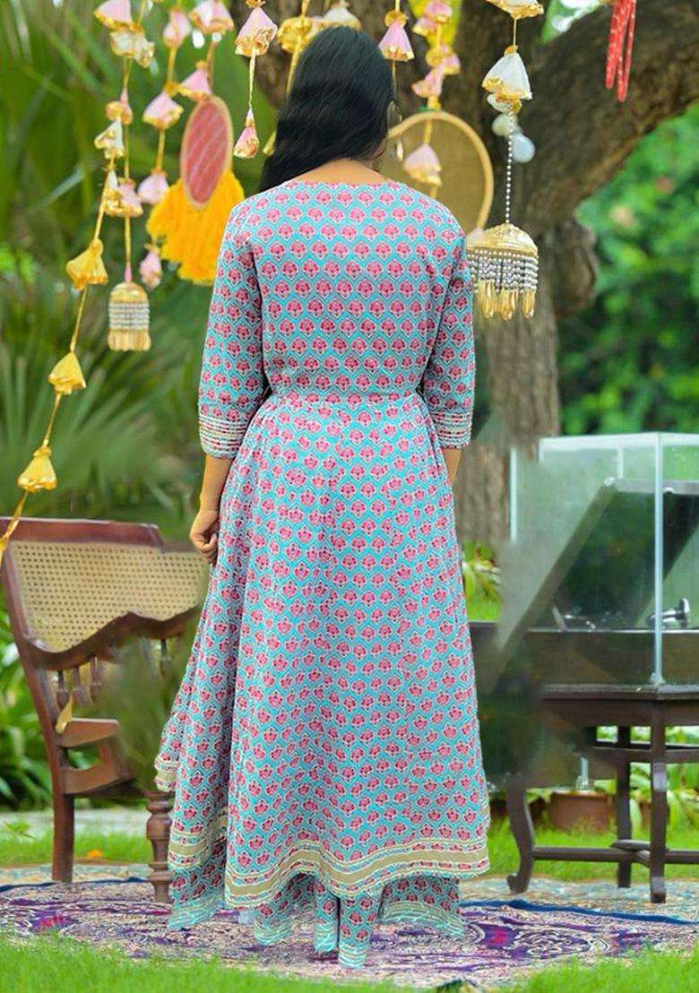 Blue Printed Cotton Anarkali Set - Indya