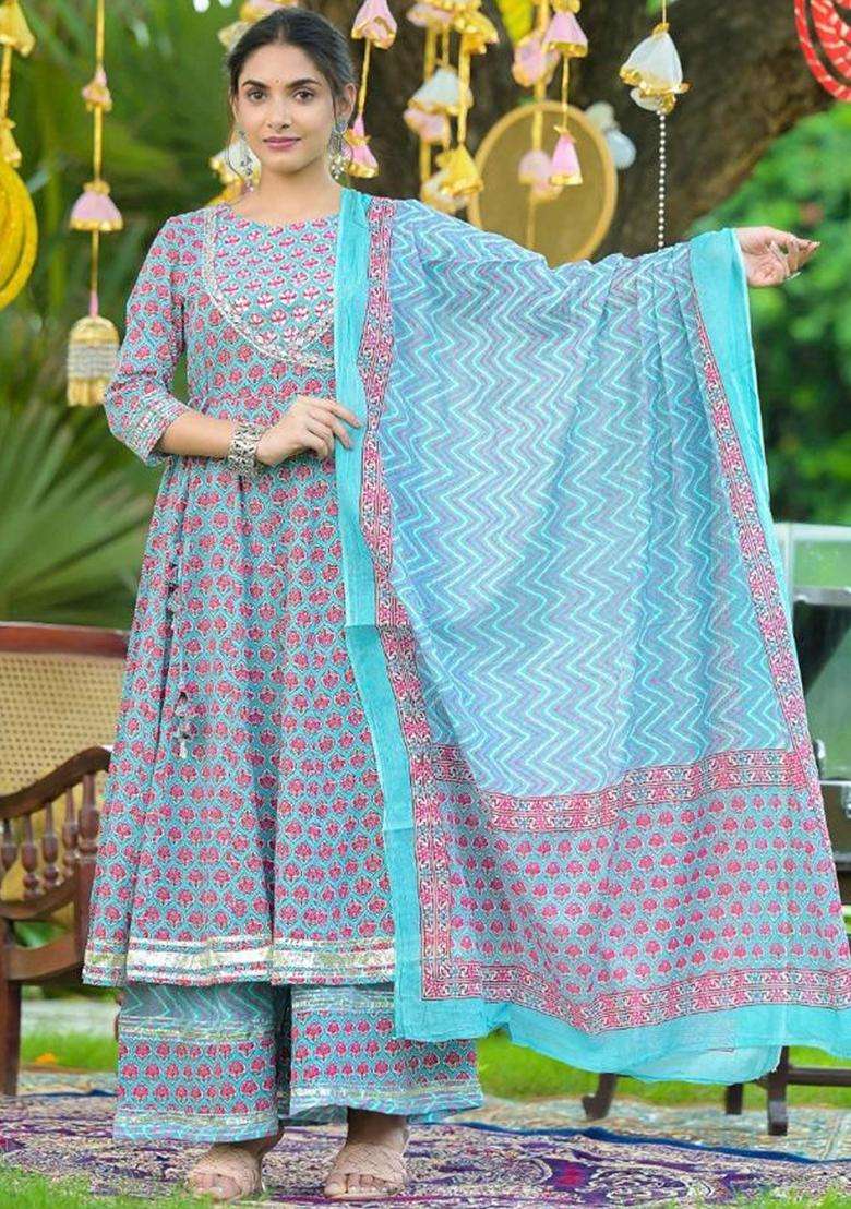 Blue Printed Cotton Anarkali Set - Indya