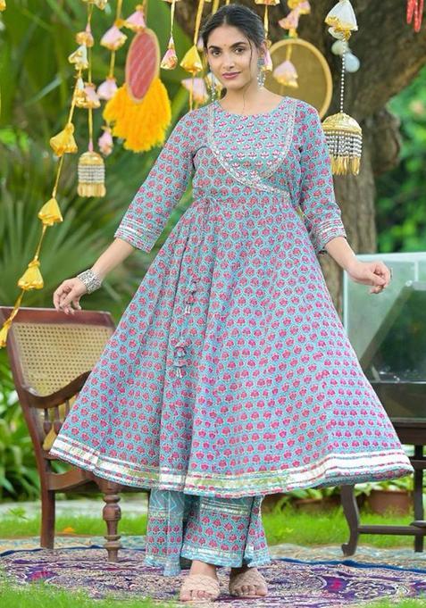 Blue Printed Cotton Anarkali Set — view on Indya