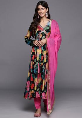 Black Printed Silk Blend Kurta Set
