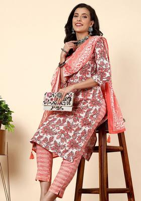 Orange Printed Cotton Kurta Set