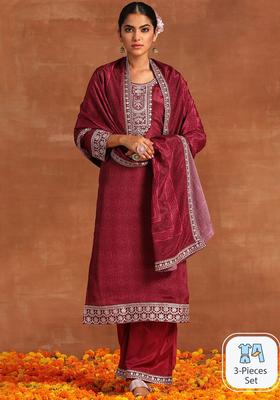 Maroon Printed Silk Blend Kurta Set