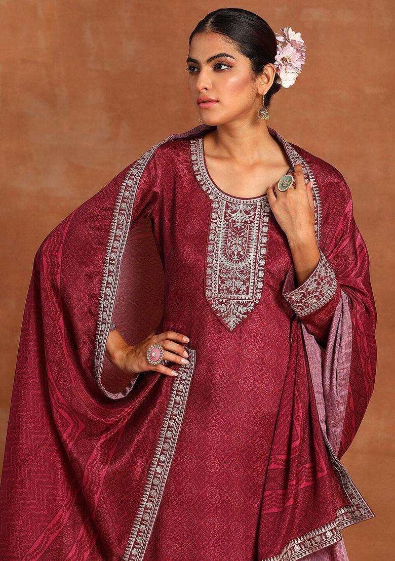 Maroon Printed Silk Blend Kurta Set - Indya