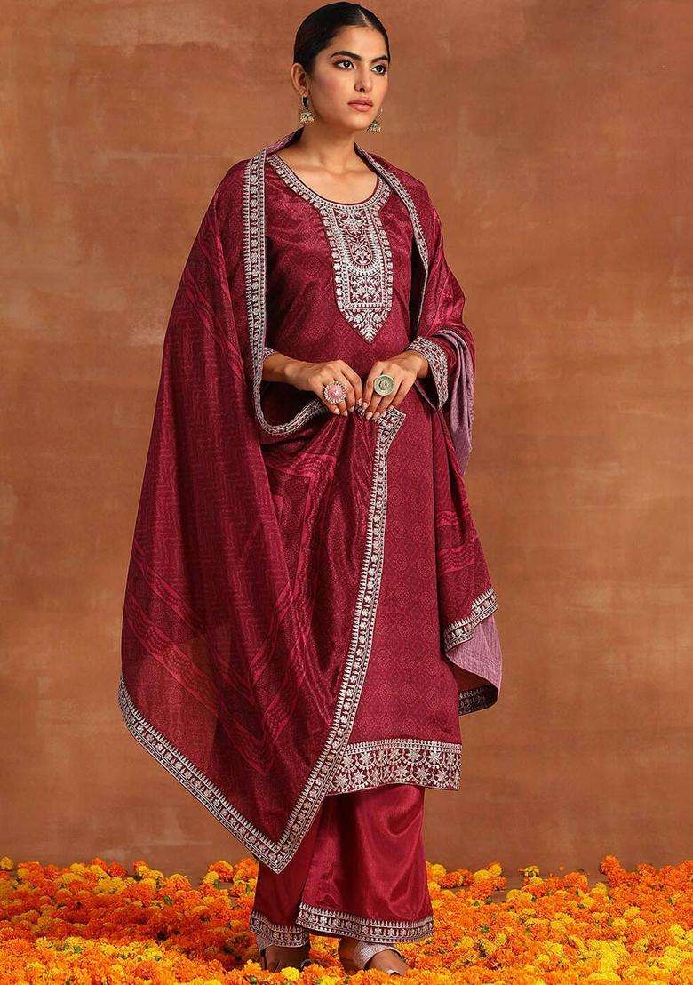 Maroon Printed Silk Blend Kurta Set - Indya