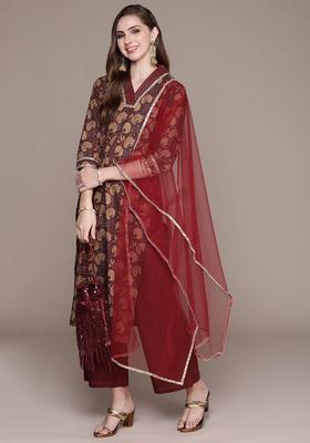Maroon Printed Cotton Kurta Set